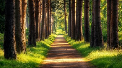 Obraz premium Sun-dappled forest path with tall trees lining the way
