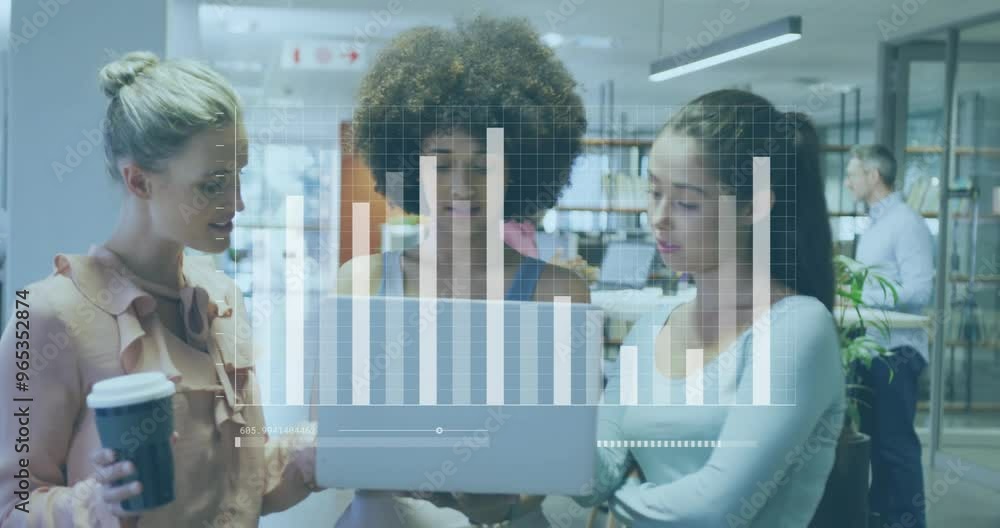 Poster animation of financial data processing over diverse colleagues discussing work in office