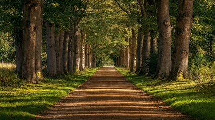Fototapeta premium Sun-dappled forest path with tall trees lining the way