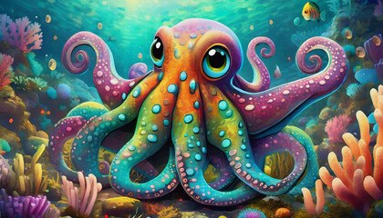 Obraz premium oil painting style cartoon character illustration multicolored octopus in the sea 