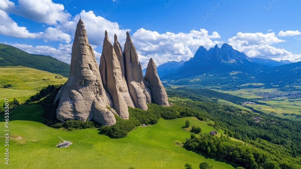 Poster a view of a mountain range with some tall rocks in the middle, ai