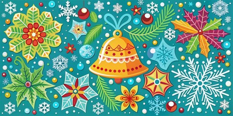 Vibrant, whimsical illustration of festive holiday icons, including snowflakes, bells, and holly, in a colorful, nostalgic design, perfect for seasonal greetings and decorations.