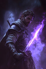Obraz premium A strong looking mage in his thirties with a short beard, wielding a short sword glowing with dark purple energy