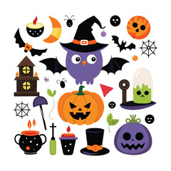 Obraz premium Set of Halloween vector elements like pumpkins, bats, and ghosts on white. Cute flat halloween elements illustration 