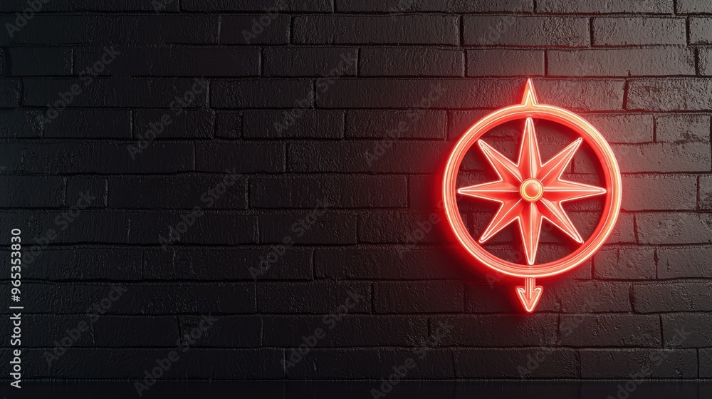 Poster glowing neon wealth compass pointing the way in with copy space for text - selective focus on foregr