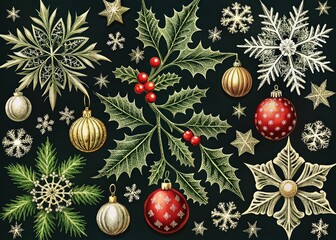 Vintage-inspired festive illustrations of snowflakes, holly, mistletoe, and ornaments in high-contrast black and white, perfect for adding a timeless touch to holiday designs.