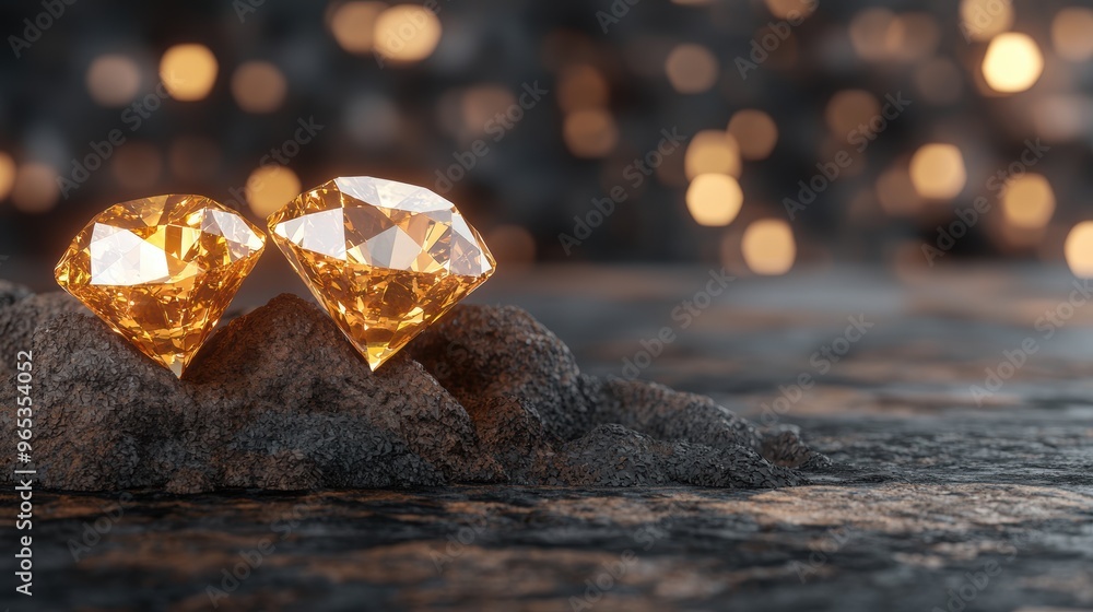 Poster glowing virtual diamond mine - of digital wealth with copy space and selective focus on gems in qual
