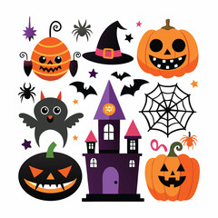 Set of Halloween vector elements like pumpkins, bats, and ghosts on white. Cute flat halloween elements illustration 