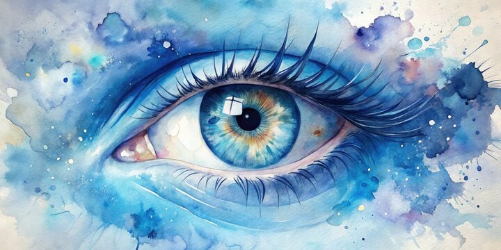 Vivid watercolor painting of a human eye, swirling with soft blues and whites, delicate brushstrokes blending into a dreamy, ethereal abstraction of iris and pupil.