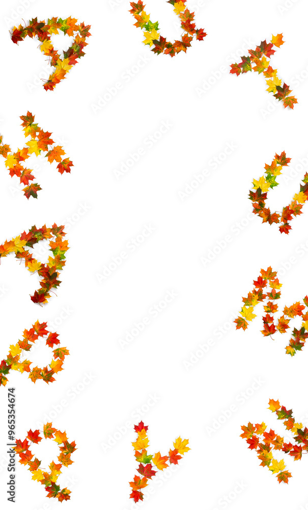 Wall mural autumn lettering text from of colorful autumnal maple leaves on white background with space for text