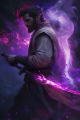 Fototapeta premium A strong looking mage in his thirties with a short beard, wielding a short sword glowing with dark purple energy