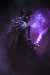A strong looking mage in his thirties with a short beard, wielding a short sword glowing with dark purple energy