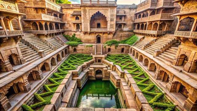 A majestic stepwell showcases intricate carvings and geometric patterns, nestled among lush greenery, a harmonious blend of ancient architecture and nature's splendor.