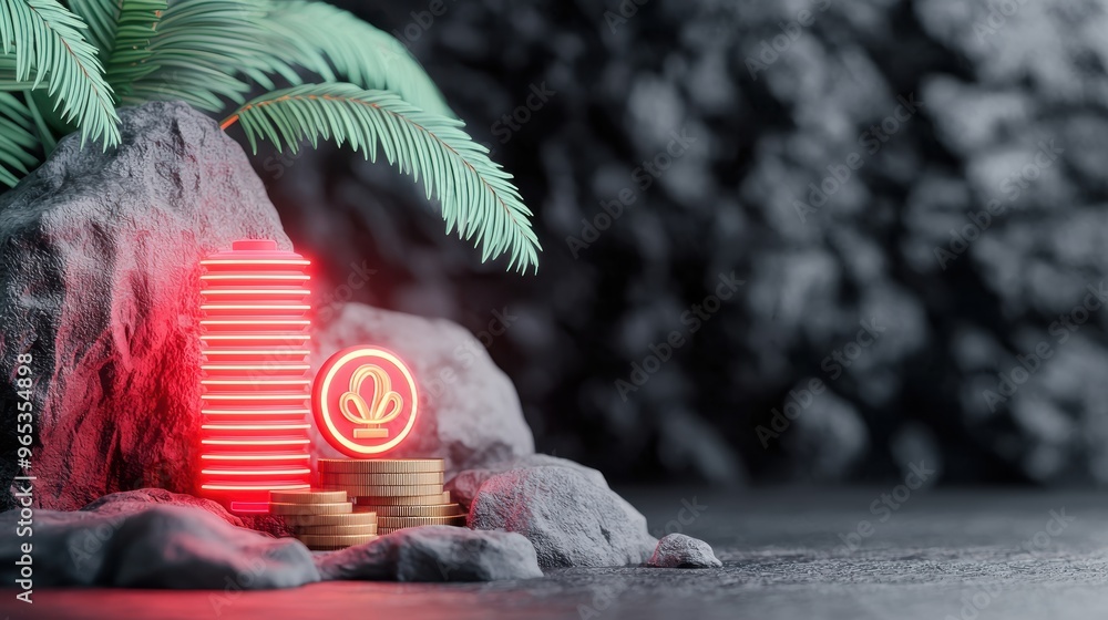 Poster glowing digital prosperity - floating wealth symbols holographic icons illuminated in neon glow with