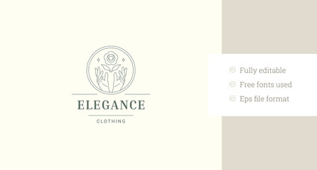 Elegant female hands with blossom eco flower circle line art logo design template vector illustration. Minimalist insignia natural organic floral plant linear logotype skin care cosmetic spa wellness