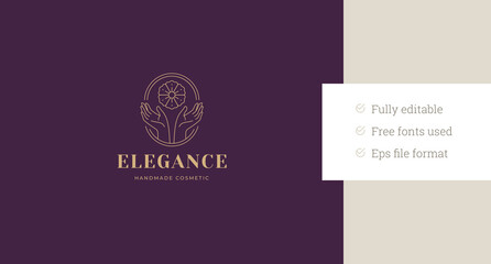 Gentle female hands with natural flower line art logo design template vector illustration. Minimalist blossom floral petal plant in arms linear logotype for organic skin care cosmetic spa wellness