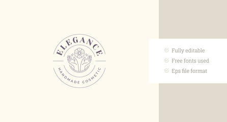 Female hands with beautiful sensual flower circle line art logo design template vector illustration. Woman arms with natural organic wildflower blossom herb linear logotype for cream shampoo cosmetic