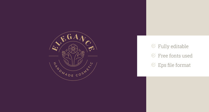 Female hands with organic flower circle line art logo design template vector illustration. Woman arms with natural blossom wildflower linear logotype for skin care beauty cream cosmetic brand