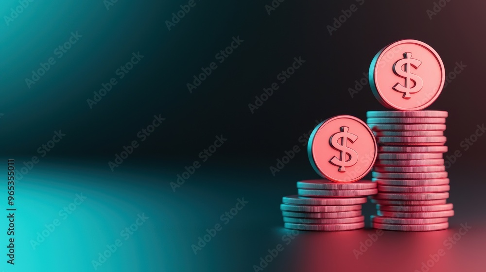 Poster futuristic floating wealth symbols in neon glow - with copy space and selective focus on foreground