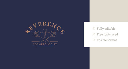 Elegant crossed female hands line art logo design template for cosmetology vector illustration. Feminine woman arms fingers minimalist linear logotype for plastic surgery clinic spa wellness