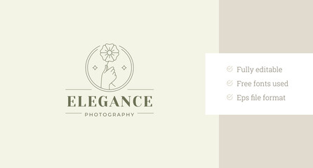 Hand with flower minimalist line art logo design template for skin care brand vector illustration. Arm holding floral blossom linear logotype for cosmetologist beauty clinic handmade cosmetic product