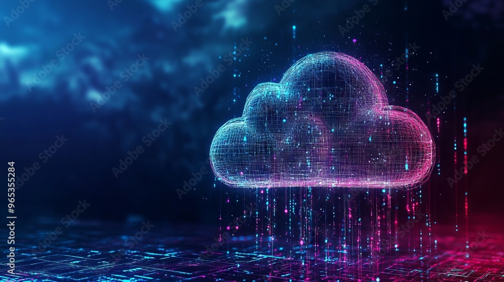 Poster abstract cloud computing technology concept. digital cloud and binary code. download and upload data