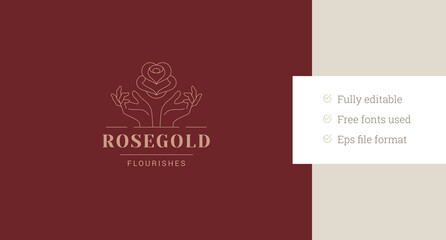 Elegant hands with rose flower line art logo design template vector illustration. Beautiful arms with blossom floral minimalist linear logotype for skin care cosmetic cosmetology clinic brand
