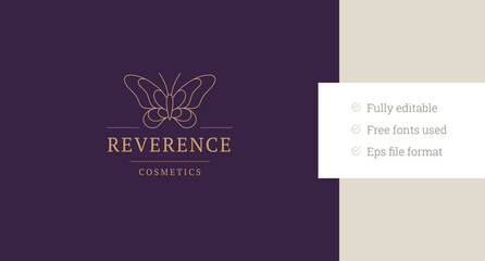 Butterfly with ornamental wings luxury line art logo design template vector illustration. Beautiful elegant insect feminine golden linear logotype for spa wellness cosmetic brand beauty salon