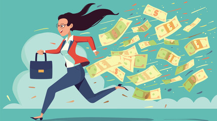 Businesswoman Sprinting with Oversized Briefcase Full of Money: Concept of Wealth Accumulation and Salary Boost