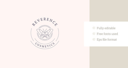 Natural butterfly minimalist circle line art logo design template vector illustration. Beautiful winged summer insect linear logotype spa therapy cosmetology plastic surgery clinic perfume boutique