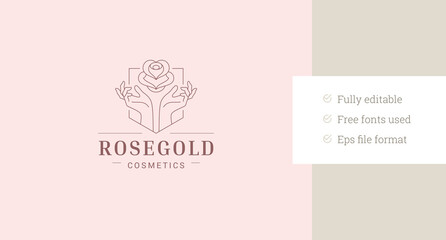 Hands with rose flower in geometric frame line art logo design template vector illustration. Elegant feminine blossom floral linear logotype for perfume yoga florist boutique skin care cream brand