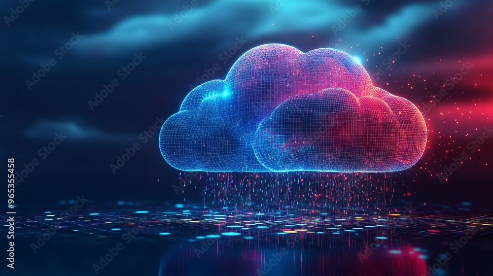 Poster abstract cloud computing technology concept. digital cloud and binary code. download and upload data