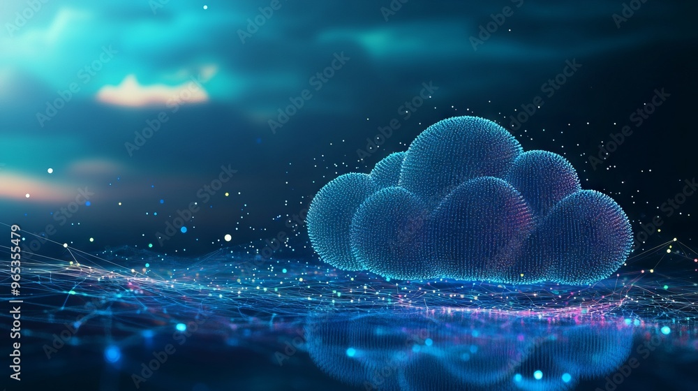 Poster abstract cloud computing technology concept. digital cloud and binary code. download and upload data
