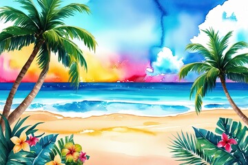 Obraz premium Vibrant Caribbean Beach Scene as a Digital Watercolor Backdrop