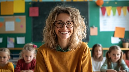 happy teacher in classroom with students