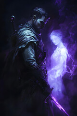 Obraz premium A strong looking mage in his thirties with a short beard, wielding a short sword glowing with dark purple energy