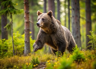 The bear charges rapidly through the dense undergrowth, its four paws pounding the earth in a steady rhythm as it searches for sustenance.