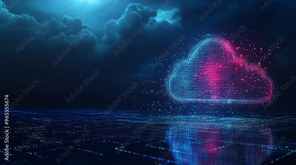 Poster abstract cloud computing technology concept. digital cloud and binary code. download and upload data