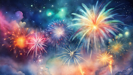 Fototapeta premium Colorful fireworks display in the night sky over a dark background