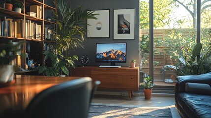 43. A virtual interview conducted in a contemporary home office, with the candidate's image displayed on a laptop screen and tasteful decor adding a touch of warmth to the space