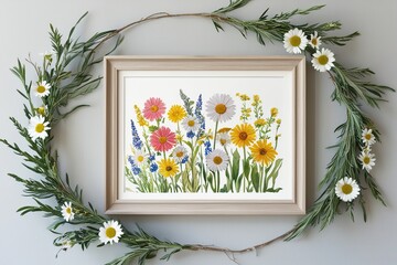 Framed Watercolor Illustration of Seasonal Wildflowers and Daisies in a Floral Garland