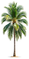 A captivating coconut palm tree presents lush green fronds against a pristine white background, evoking tropical serenity and vacation vibes in this stunning botanical specimen.