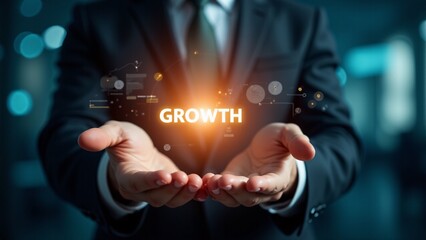 A businessman holds the glowing word "Growth" with digital charts and data icons surrounding it
