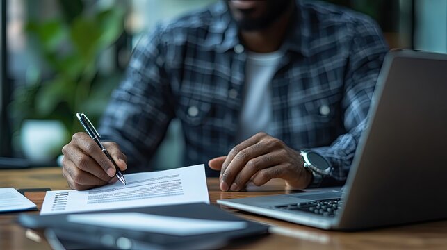 37. A close-up shot of a candidate's hands as they review their resume, with a polished and organized workspace in the background, including a laptop, notebook, and pen, emphasizing attention to