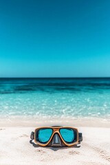 Diving mask resting on sandy beach with clear blue ocean and sky in background
