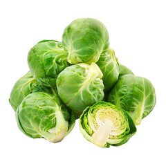 Obraz premium Fresh green Brussels sprouts piled together with one cut in half, showcasing their vibrant leaves and texture against a transparent background