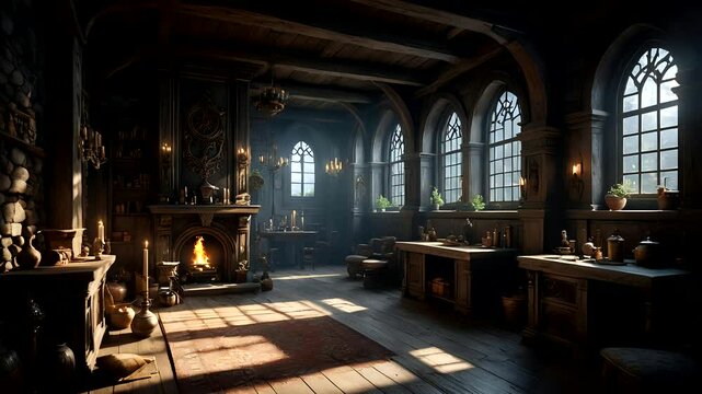 Rustic medieval kitchen with stone walls and wooden furniture. Seamless looping 4k time-lapse video background