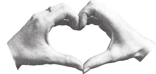 Modern collage of human hand with heart gesture. Trendy photocopy style for collages