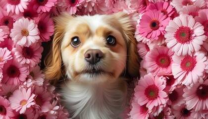 Charming dog portrait surrounded by a vibrant display of pink flowers