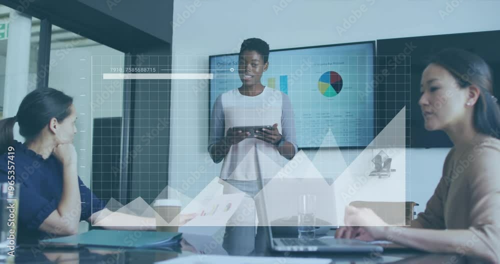 Poster animation of financial data processing over diverse colleagues discussing work in office